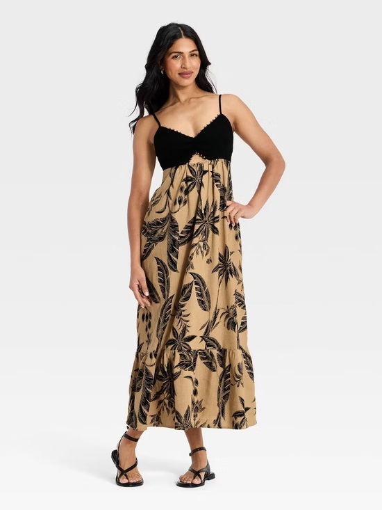 a new day Dresses & Skirts - A New Day black tan tropical leaf print maxi dress with beaded trim Size M